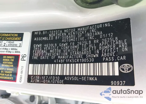2012 Toyota Camry Le from USA, damaged, VIN 4T4BF1FK5CR190530